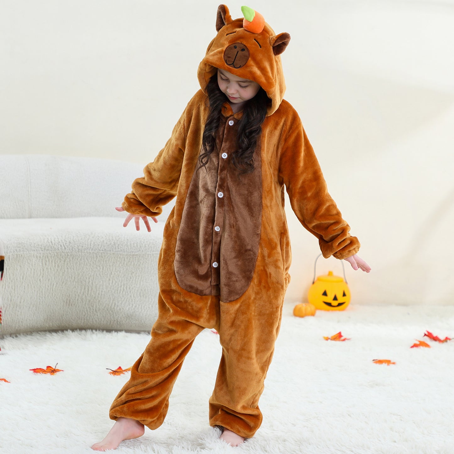 MICHLEY Kids Brown Capybara Hooded Romper Flannel Halloween Cosplay Pajamas
