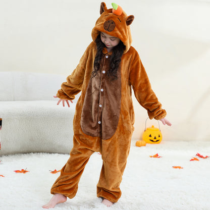 MICHLEY Kids Brown Capybara Hooded Romper Flannel Halloween Cosplay Pajamas
