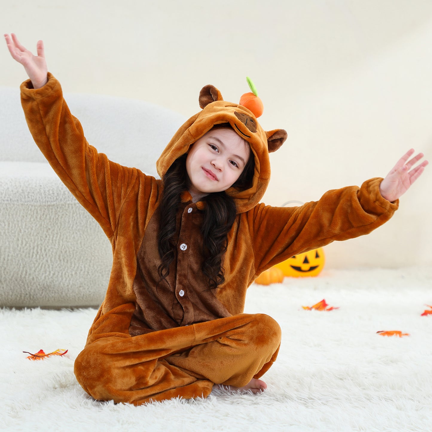 MICHLEY Kids Brown Capybara Hooded Romper Flannel Halloween Cosplay Pajamas