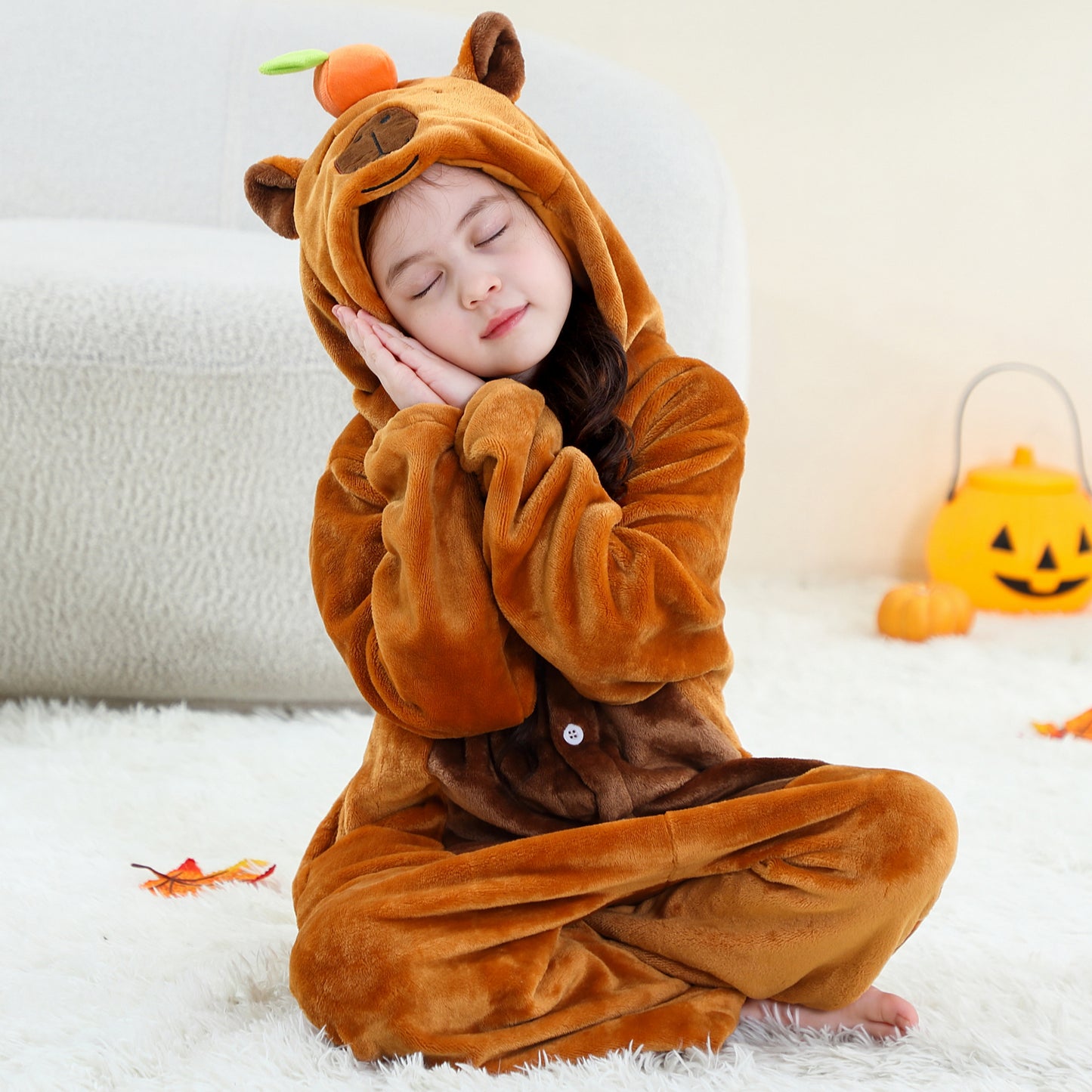 MICHLEY Kids Brown Capybara Hooded Romper Flannel Halloween Cosplay Pajamas
