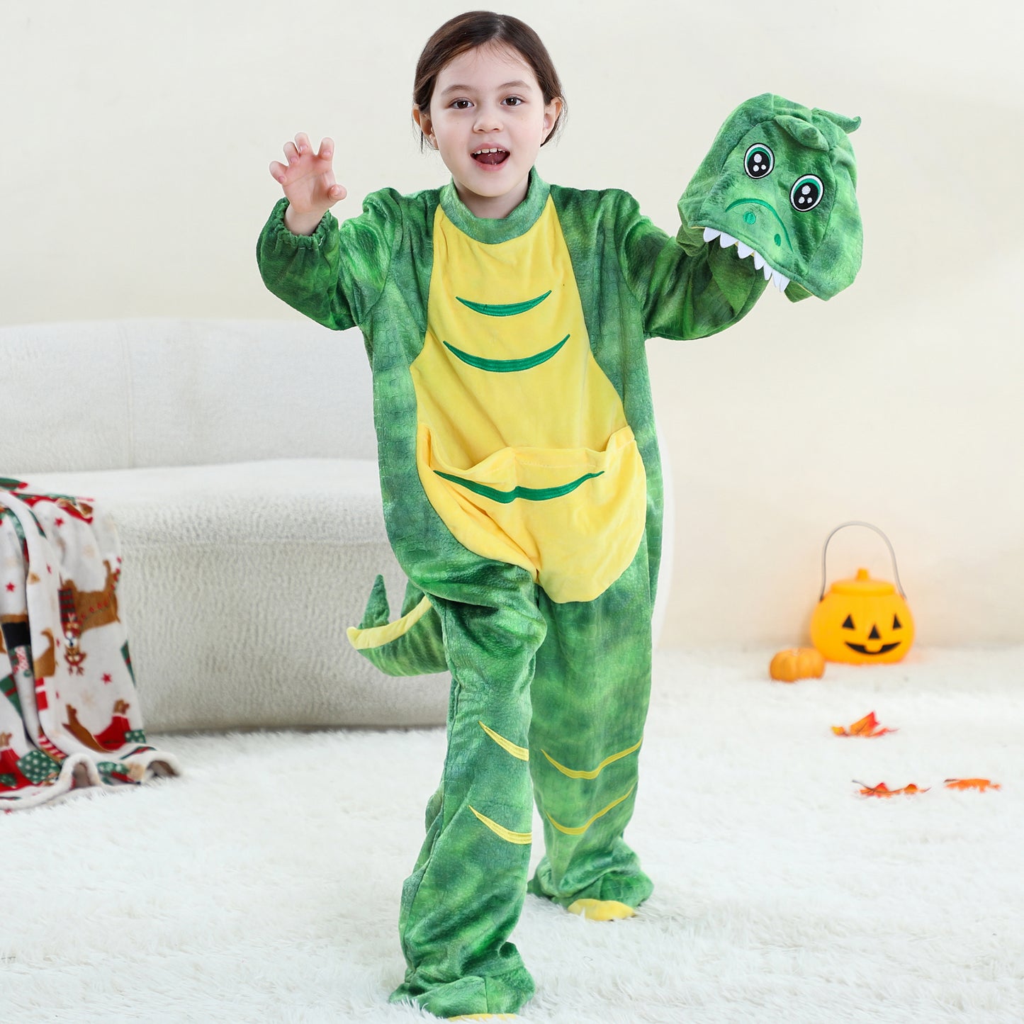 MICHLEY Kids Green T-Rex Dinosaur Costume with Yellow Belly Flannel Romper