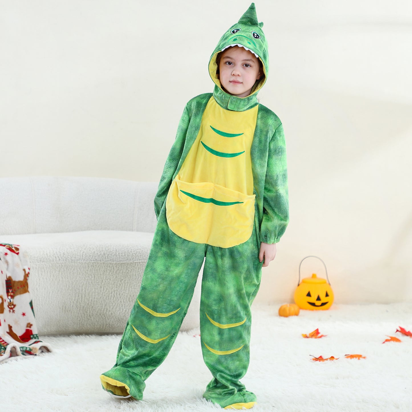 MICHLEY Kids Green T-Rex Dinosaur Costume with Yellow Belly Flannel Romper