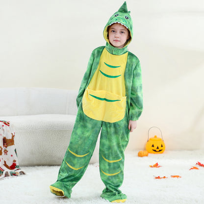 MICHLEY Kids Green T-Rex Dinosaur Costume with Yellow Belly Flannel Romper