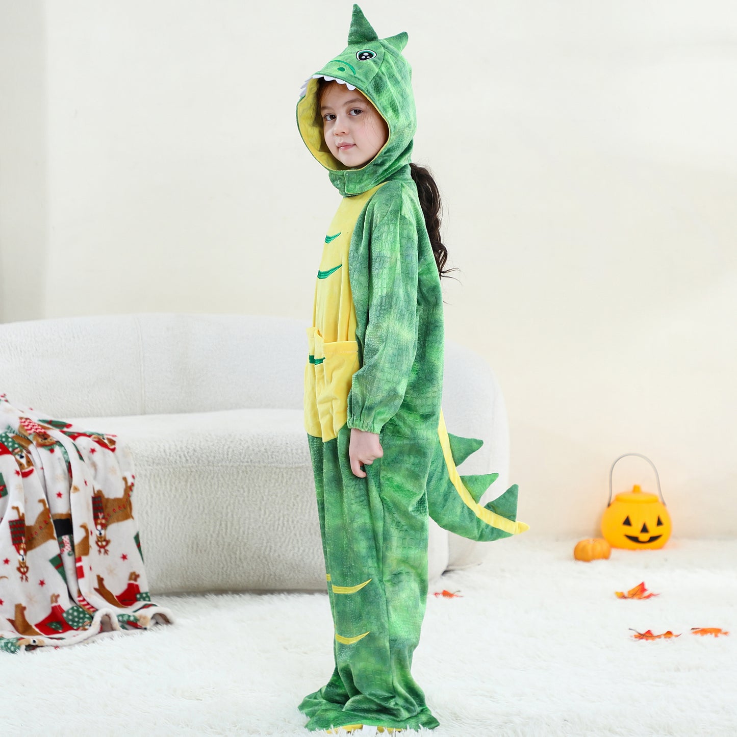 MICHLEY Kids Green T-Rex Dinosaur Costume with Yellow Belly Flannel Romper