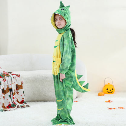 MICHLEY Kids Green T-Rex Dinosaur Costume with Yellow Belly Flannel Romper