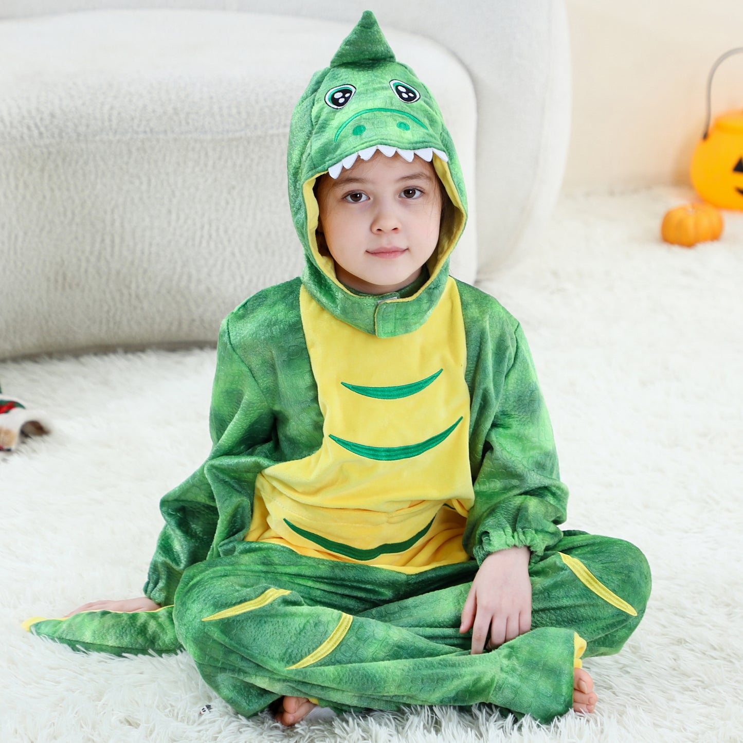 MICHLEY Kids Green T-Rex Dinosaur Costume with Yellow Belly Flannel Romper