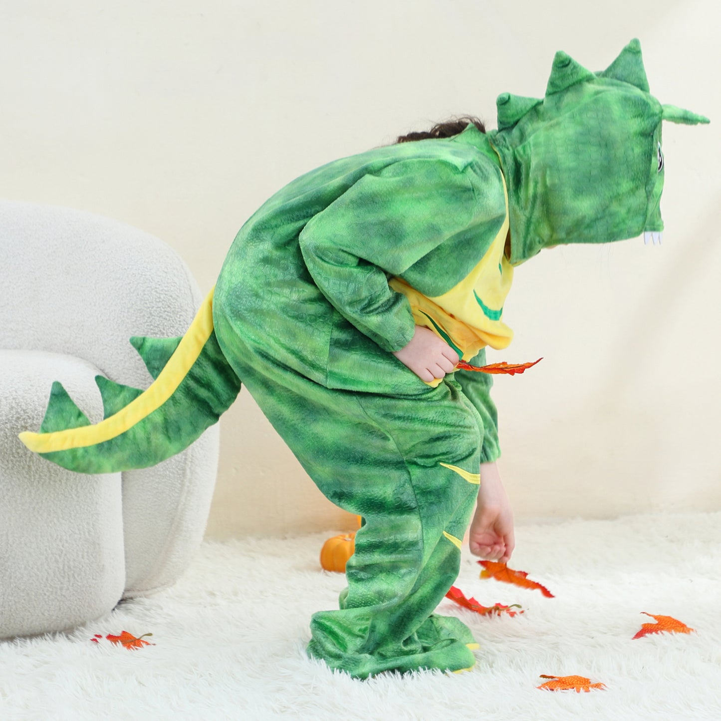MICHLEY Kids Green T-Rex Dinosaur Costume with Yellow Belly Flannel Romper