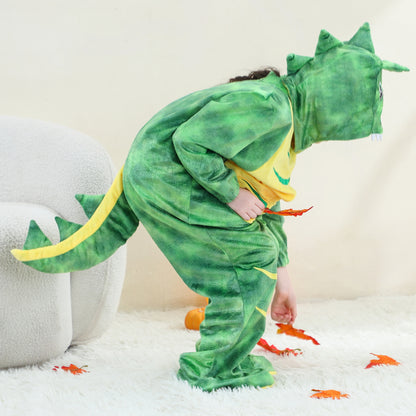 MICHLEY Kids Green T-Rex Dinosaur Costume with Yellow Belly Flannel Romper