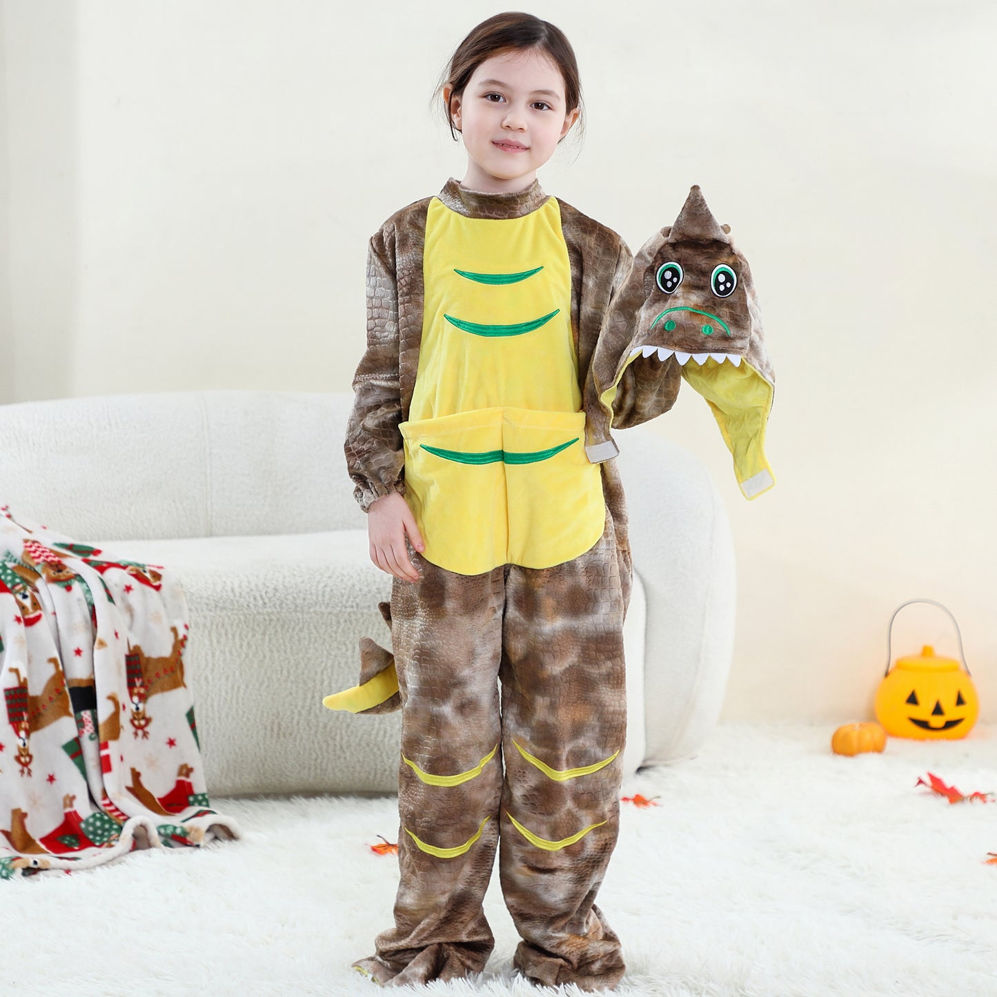 MICHLEY Kids Brown Dinosaur Animal Cosplay Costume Soft Flannel Romper