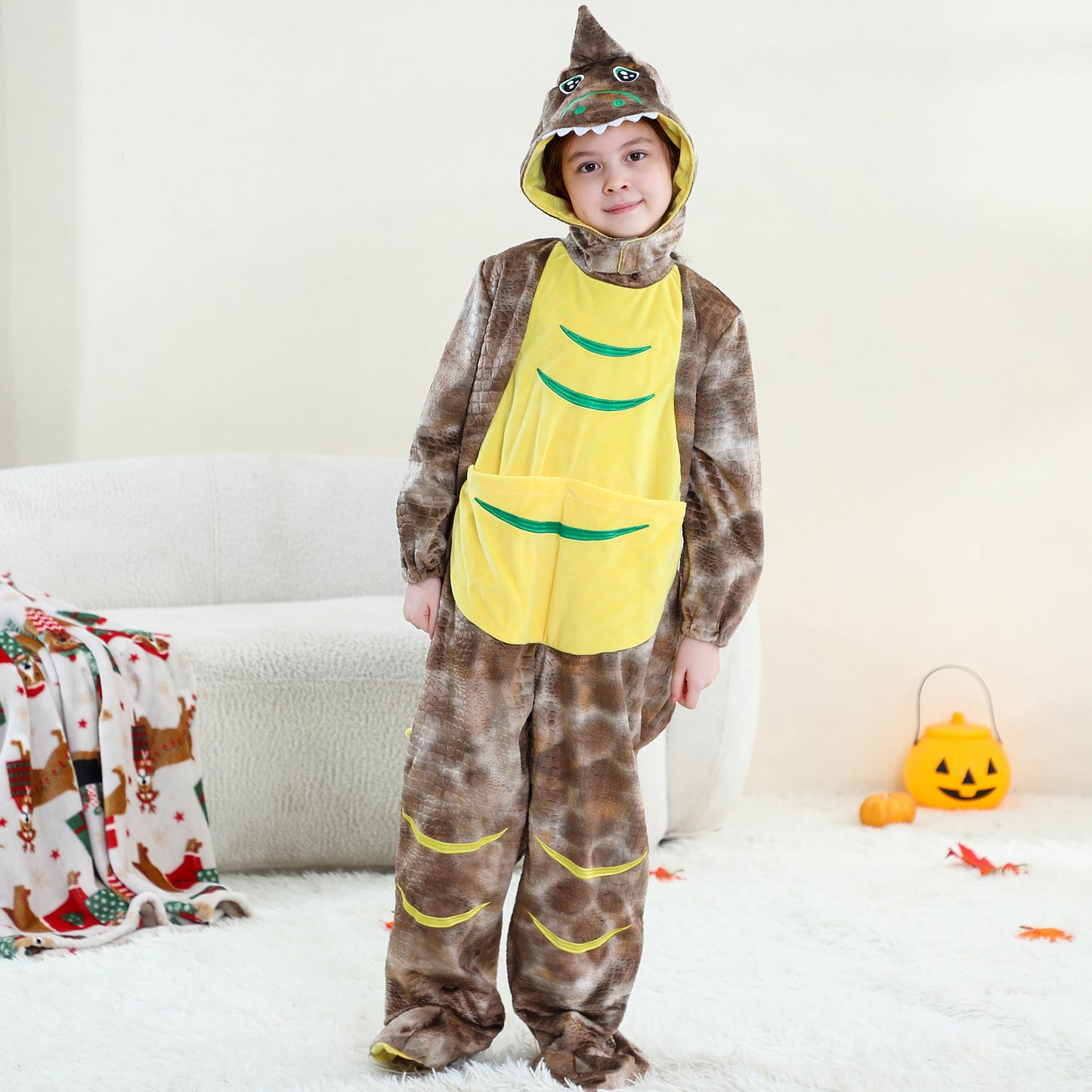 MICHLEY Kids Brown Dinosaur Animal Cosplay Costume Soft Flannel Romper