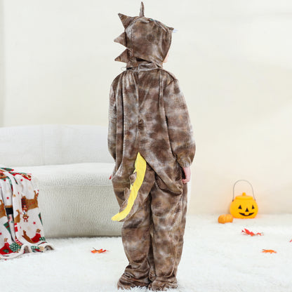 MICHLEY Kids Brown Dinosaur Animal Cosplay Costume Soft Flannel Romper