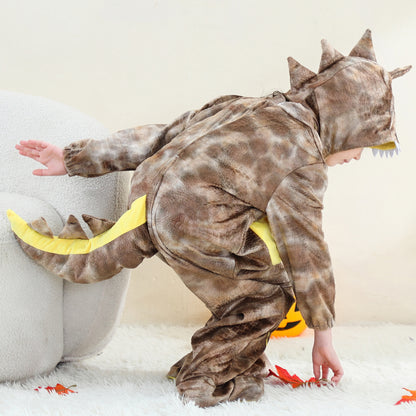 MICHLEY Kids Brown Dinosaur Animal Cosplay Costume Soft Flannel Romper