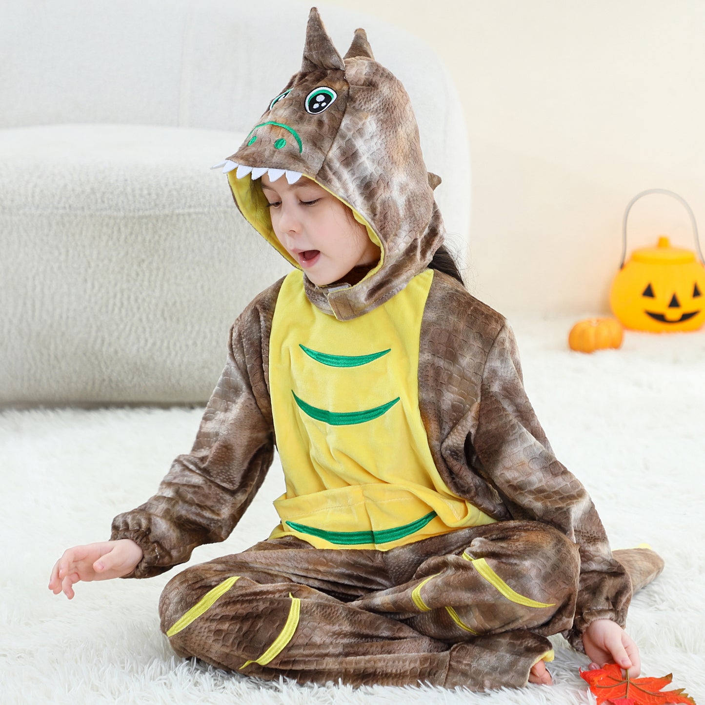 MICHLEY Kids Brown Dinosaur Animal Cosplay Costume Soft Flannel Romper