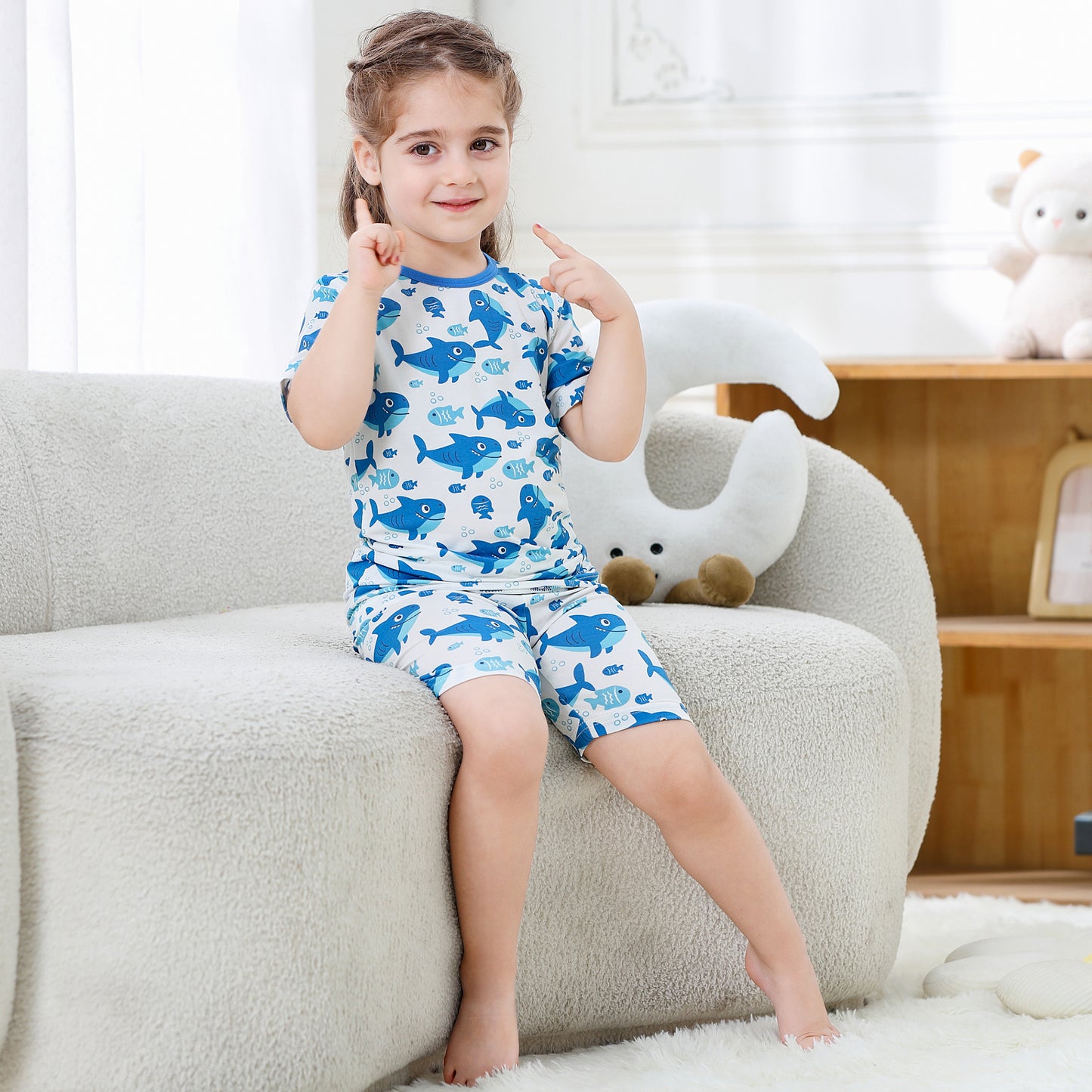 MICHLEY Kids Bamboo Viscose Pajamas Set Soft Stretchy Sleepwear (Shark)