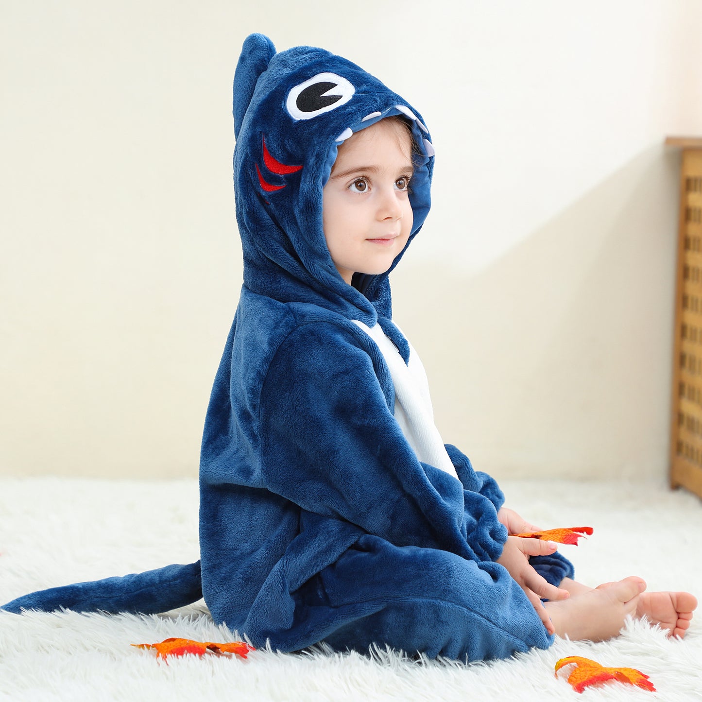 MICHLEY Baby Blue Shark Hooded Romper Flannel Animal Costume