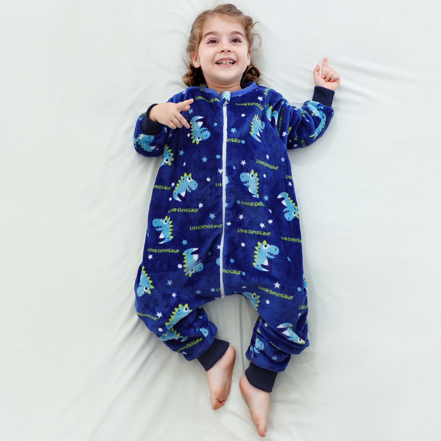 MICHLEY Toddler Flannel Sleeping Sack with Feet Blue Dinosaur Print Wearable Blanket