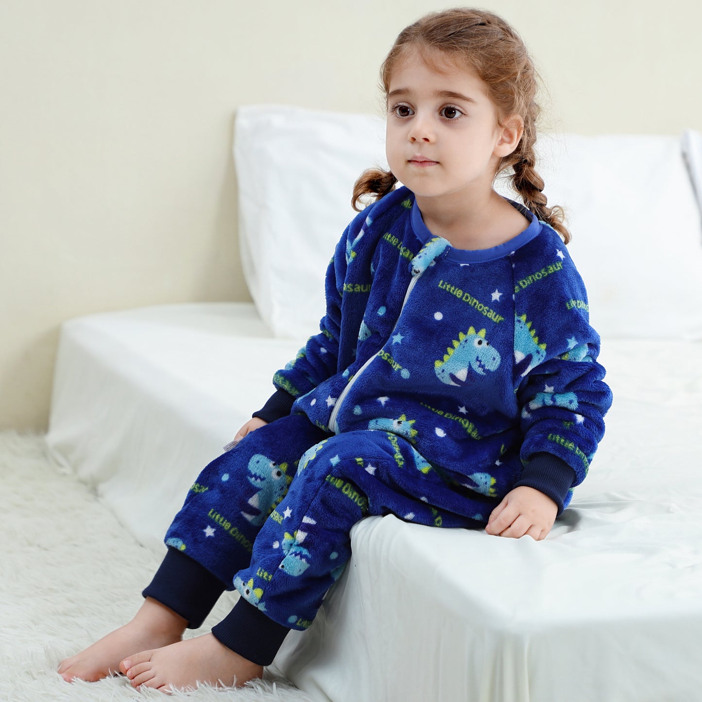 MICHLEY Toddler Flannel Sleeping Sack with Feet Blue Dinosaur Print Wearable Blanket