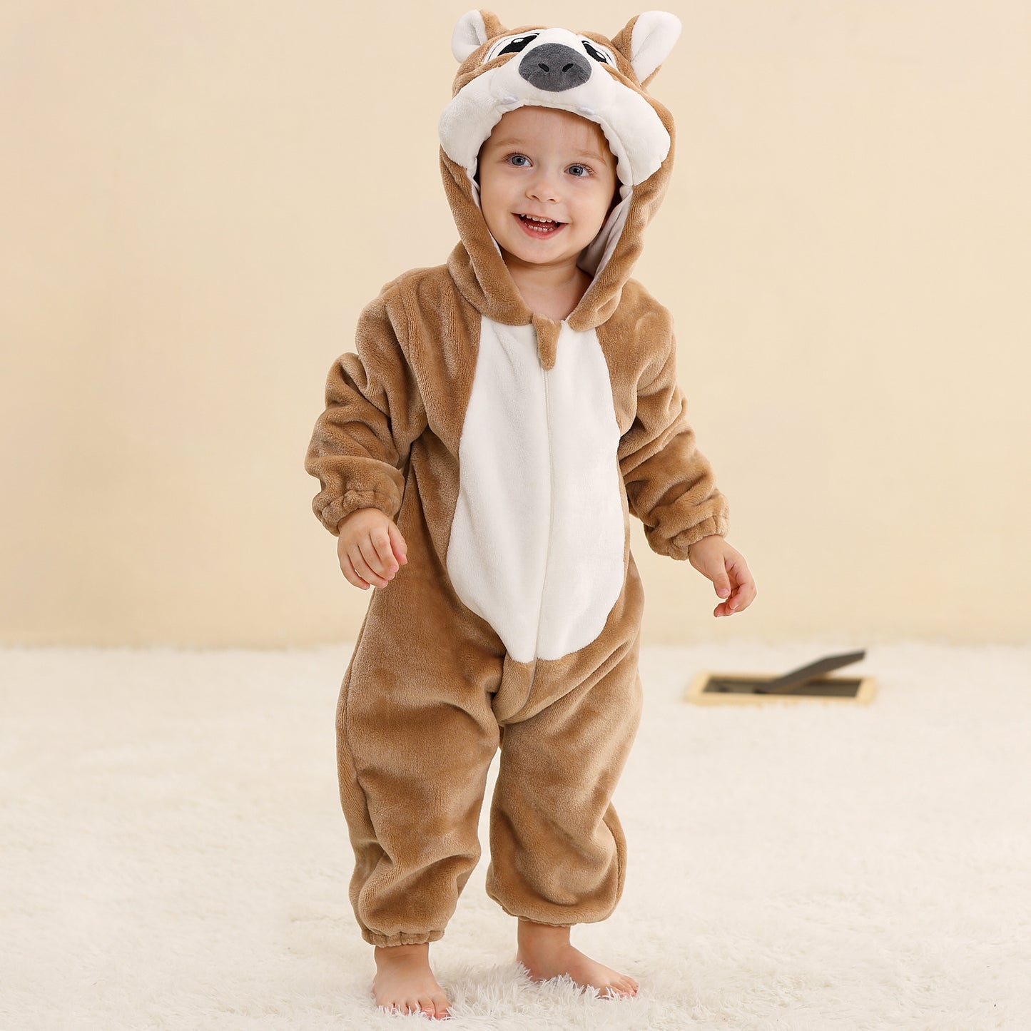 MICHLEY Brown Wolf Baby Costume Winter Flannel Hooded Romper
