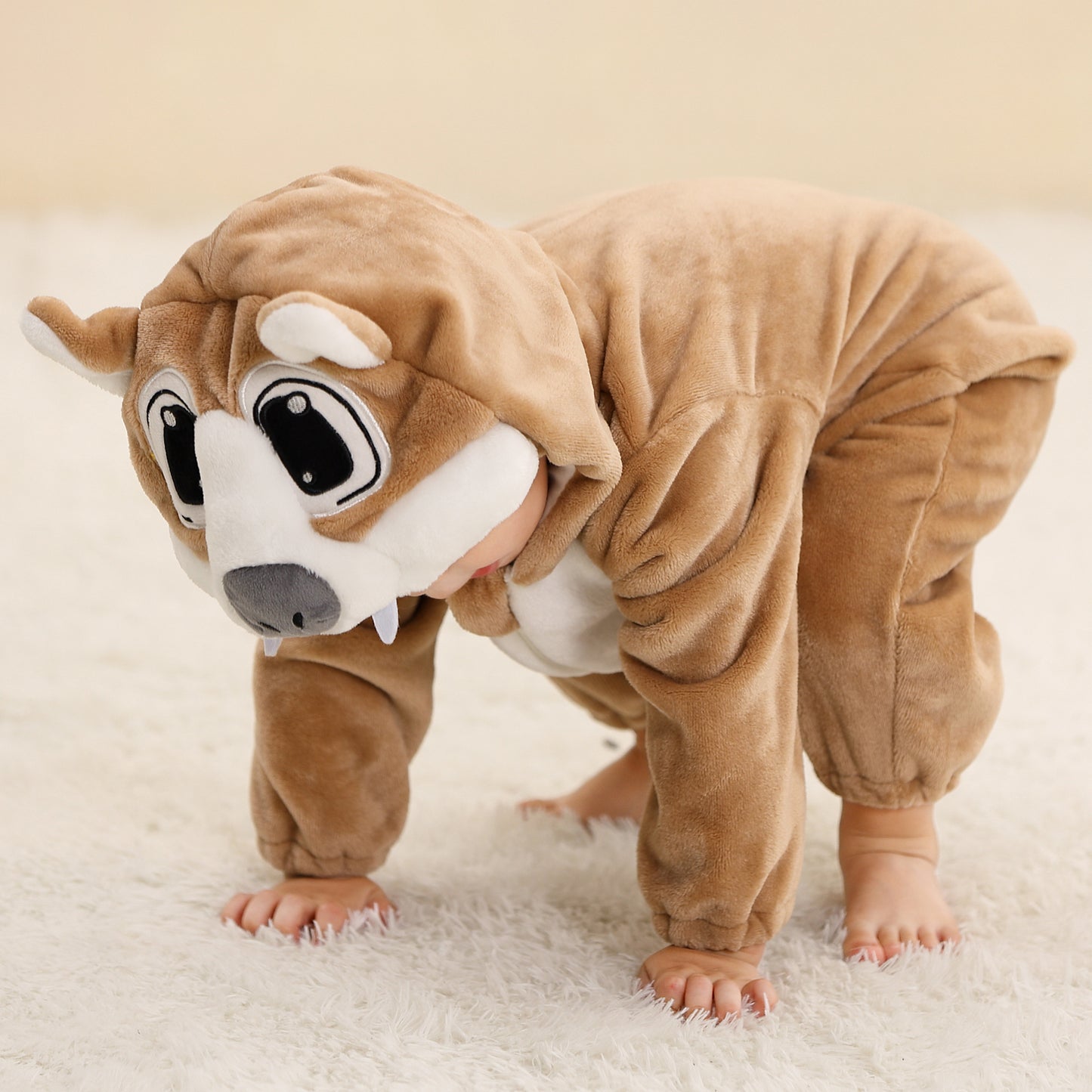 MICHLEY Brown Wolf Baby Costume Winter Flannel Hooded Romper