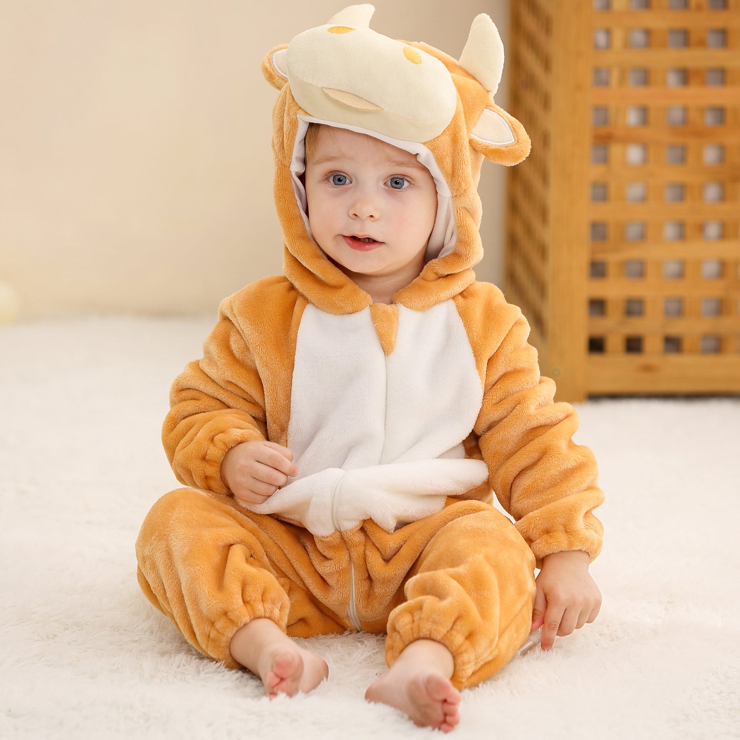 MICHLEY Yellow Bull Baby Costume Winter Flannel Hooded Romper