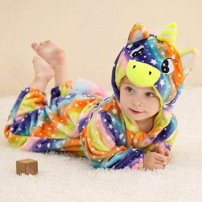 MICHLEY Baby Colorful Unicorn Hooded Romper Flannel Animal Costume