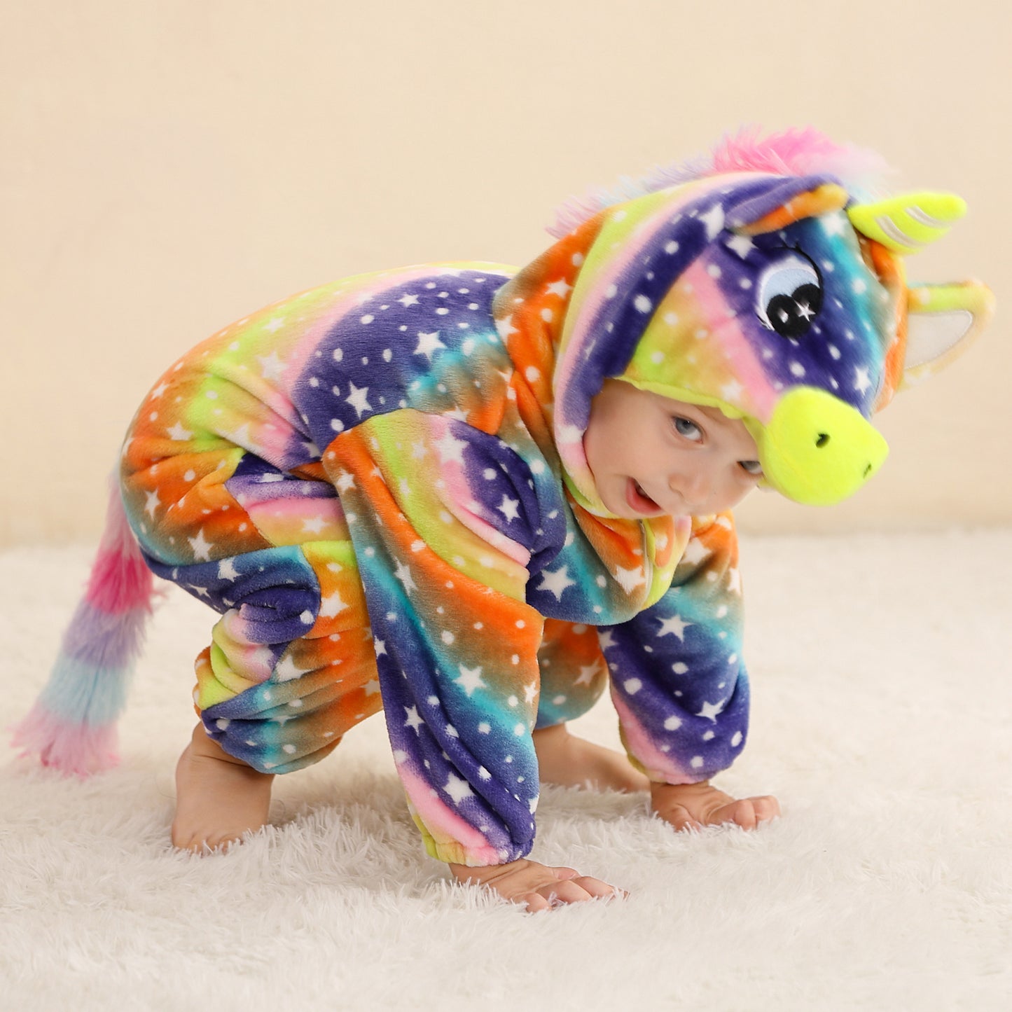 MICHLEY Baby Colorful Unicorn Hooded Romper Flannel Animal Costume