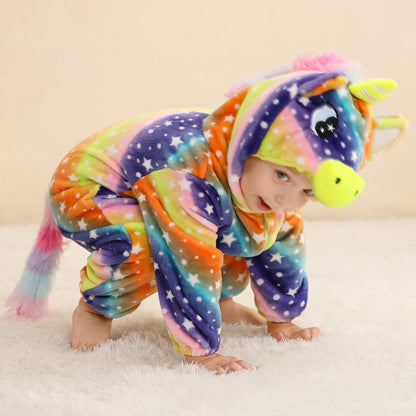 MICHLEY Baby Colorful Unicorn Hooded Romper Flannel Animal Costume