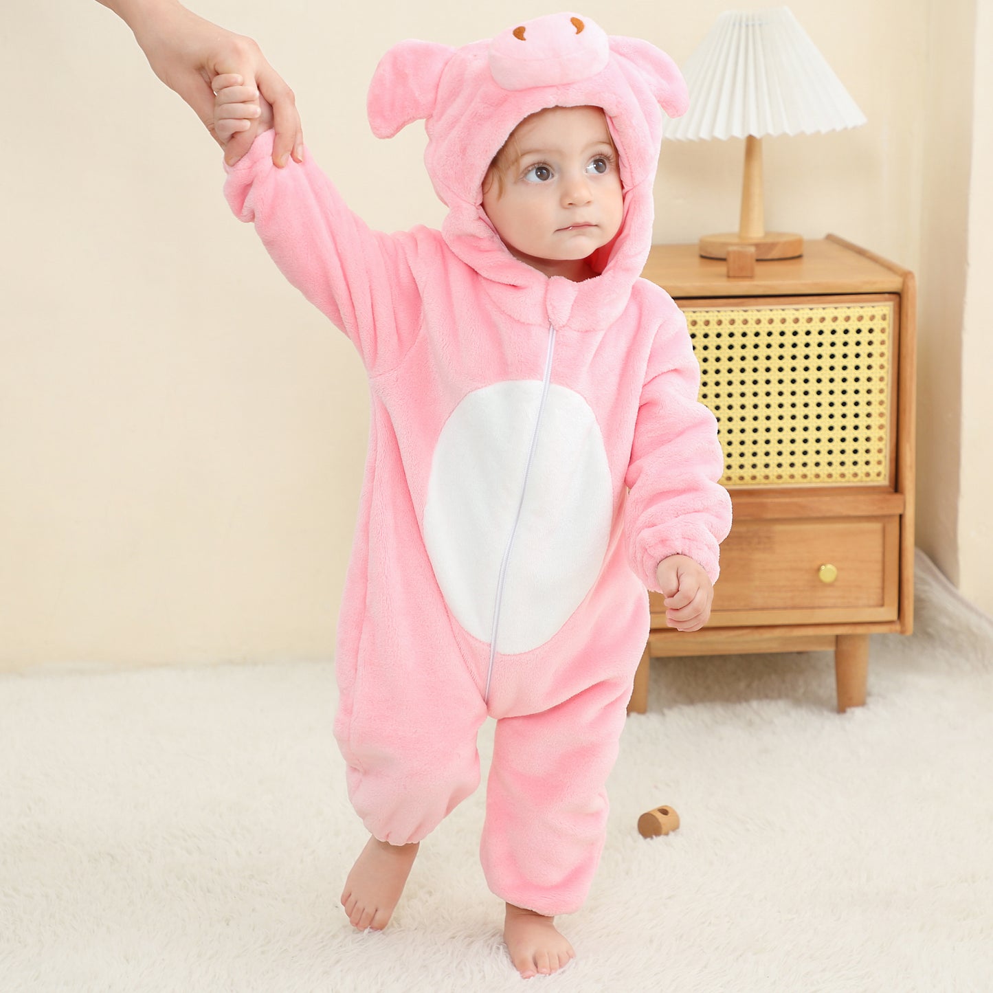 MICHLEY Baby Pink Pig Costume | Soft Flannel Animal Romper & Onesie