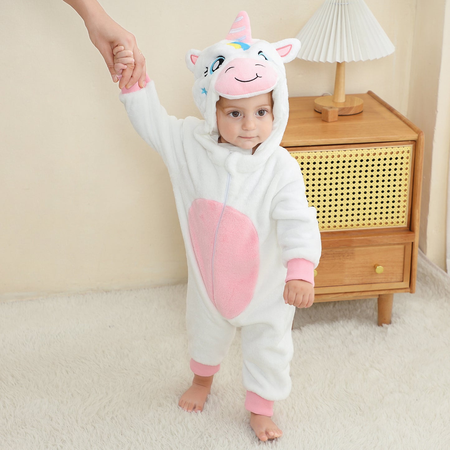 MICHLEY White Unicorn Baby Costume Winter Flannel Hooded Romper