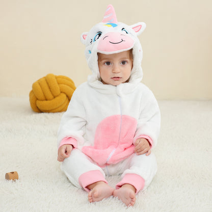 MICHLEY White Unicorn Baby Costume Winter Flannel Hooded Romper