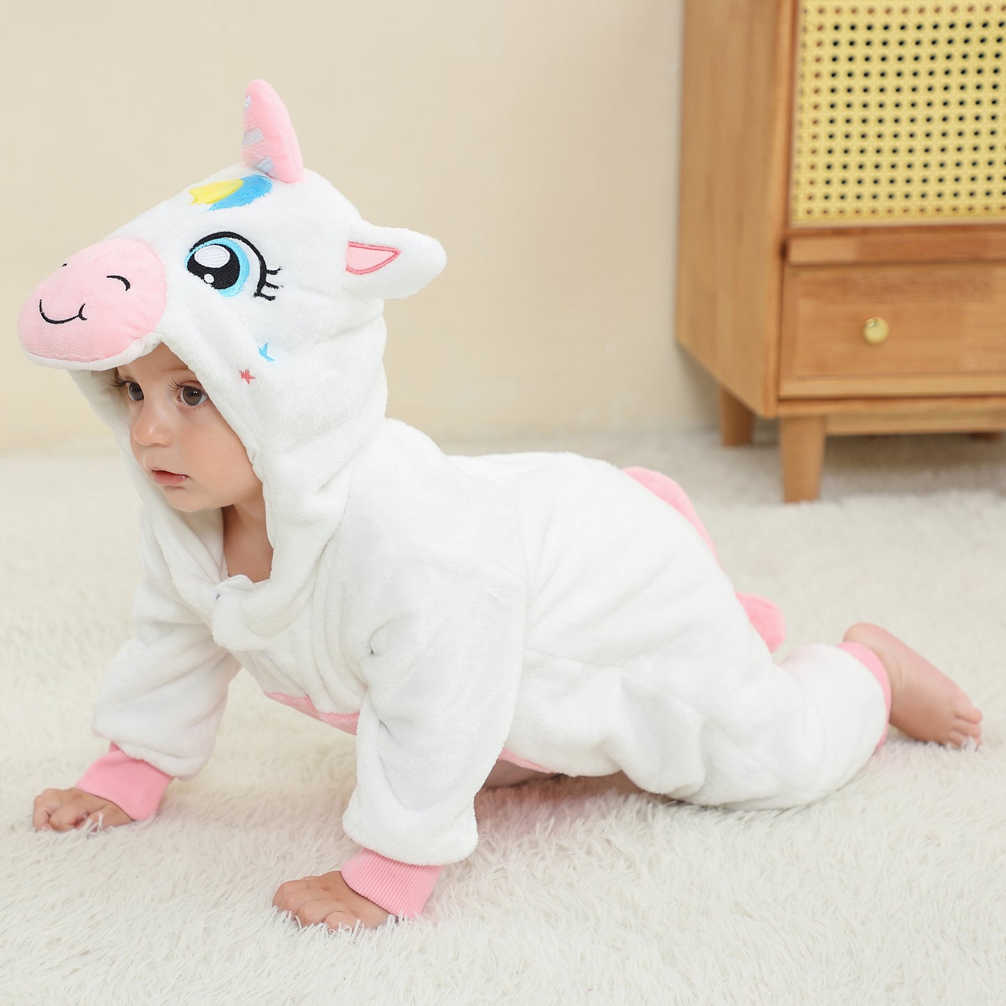 MICHLEY White Unicorn Baby Costume Winter Flannel Hooded Romper
