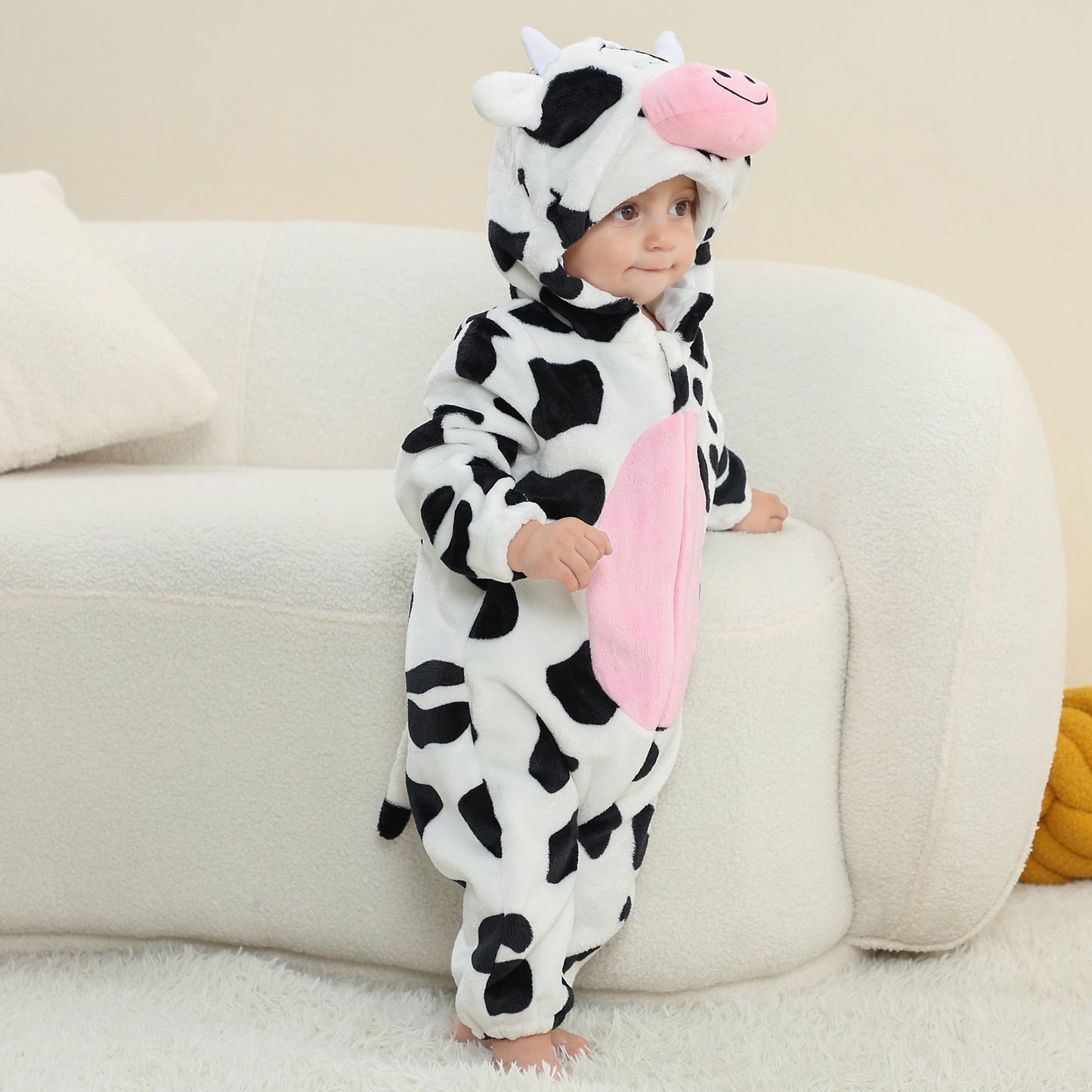 MICHLEY Baby Cow Costume | Flannel Hooded Animal Romper