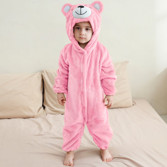 MICHLEY Baby Adorable Pink Bear Hooded Romper Soft Flannel Animal Costume