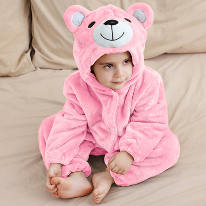 MICHLEY Baby Adorable Pink Bear Hooded Romper Soft Flannel Animal Costume