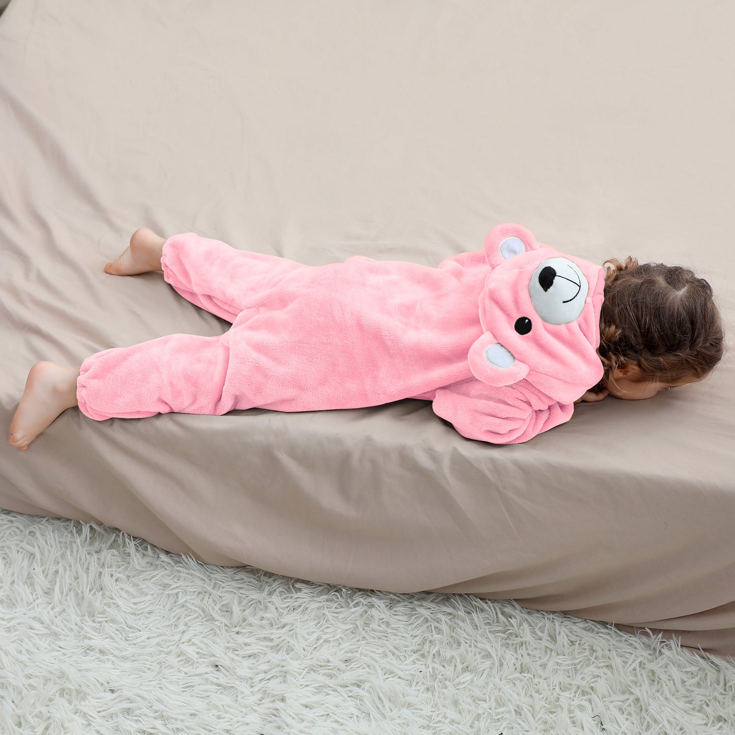 MICHLEY Baby Adorable Pink Bear Hooded Romper Soft Flannel Animal Costume