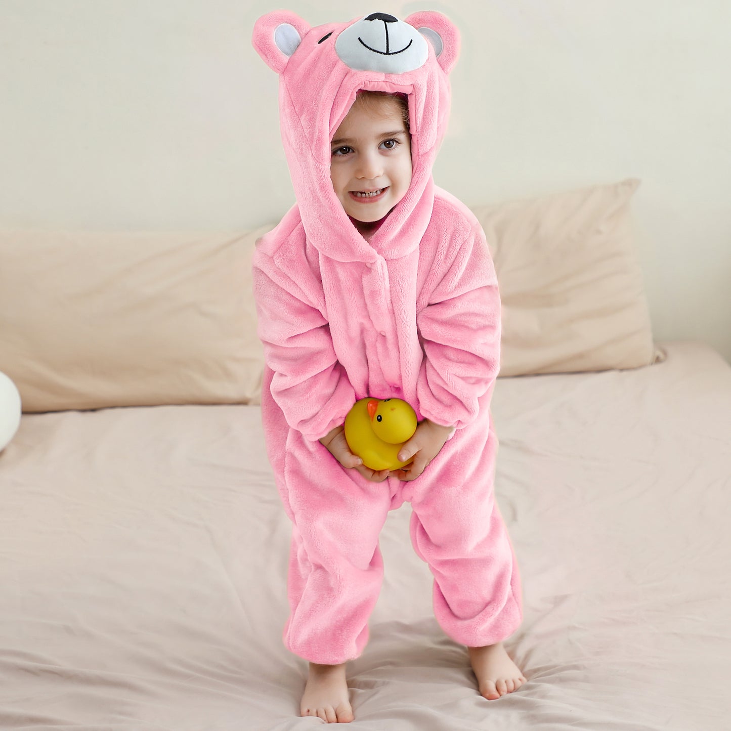 MICHLEY Baby Adorable Pink Bear Hooded Romper Soft Flannel Animal Costume