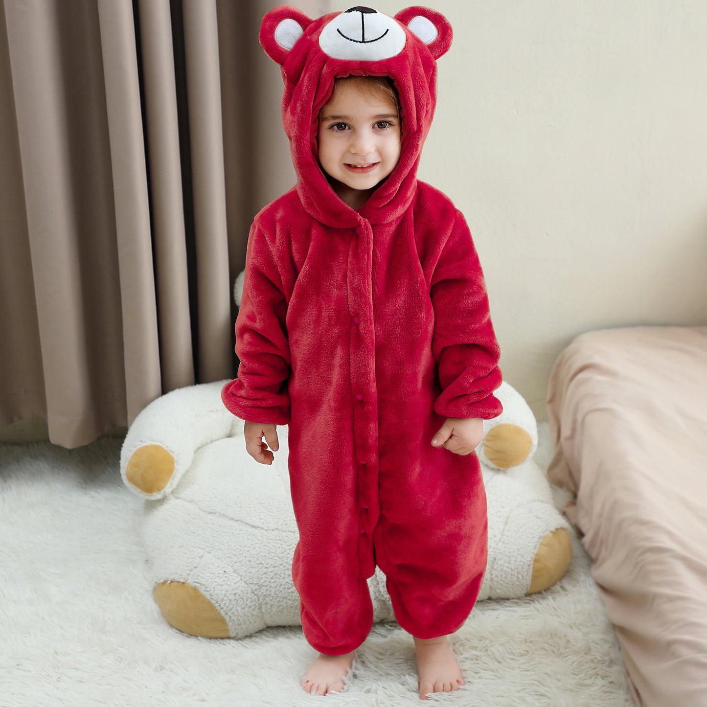 MICHLEY Baby Festive Red Bear Hooded Romper Soft Flannel Animal Costume