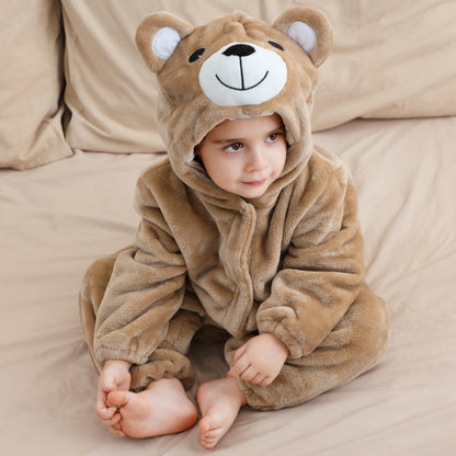 MICHLEY Baby Khaki Bear Hooded Romper Soft Flannel Animal Costume