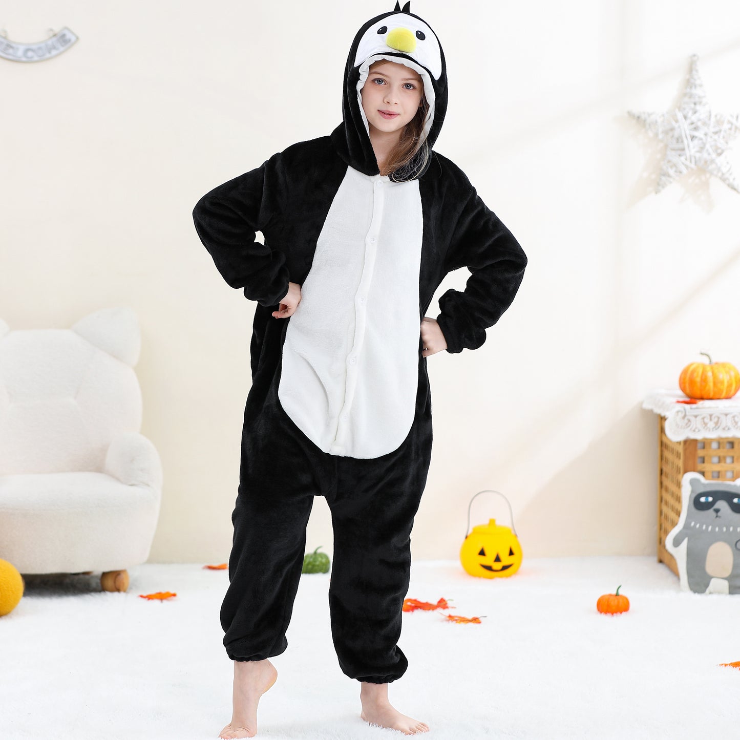 MICHLEY Kids Penguin Hooded Romper Flannel Halloween Cosplay Pajamas Costume