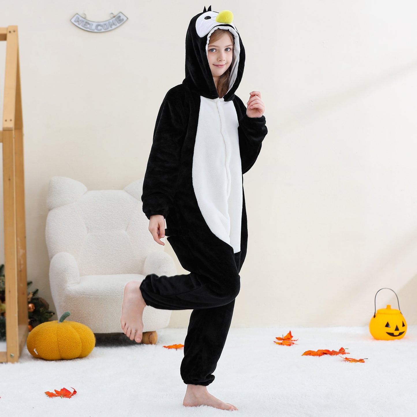 MICHLEY Kids Penguin Hooded Romper Flannel Halloween Cosplay Pajamas Costume