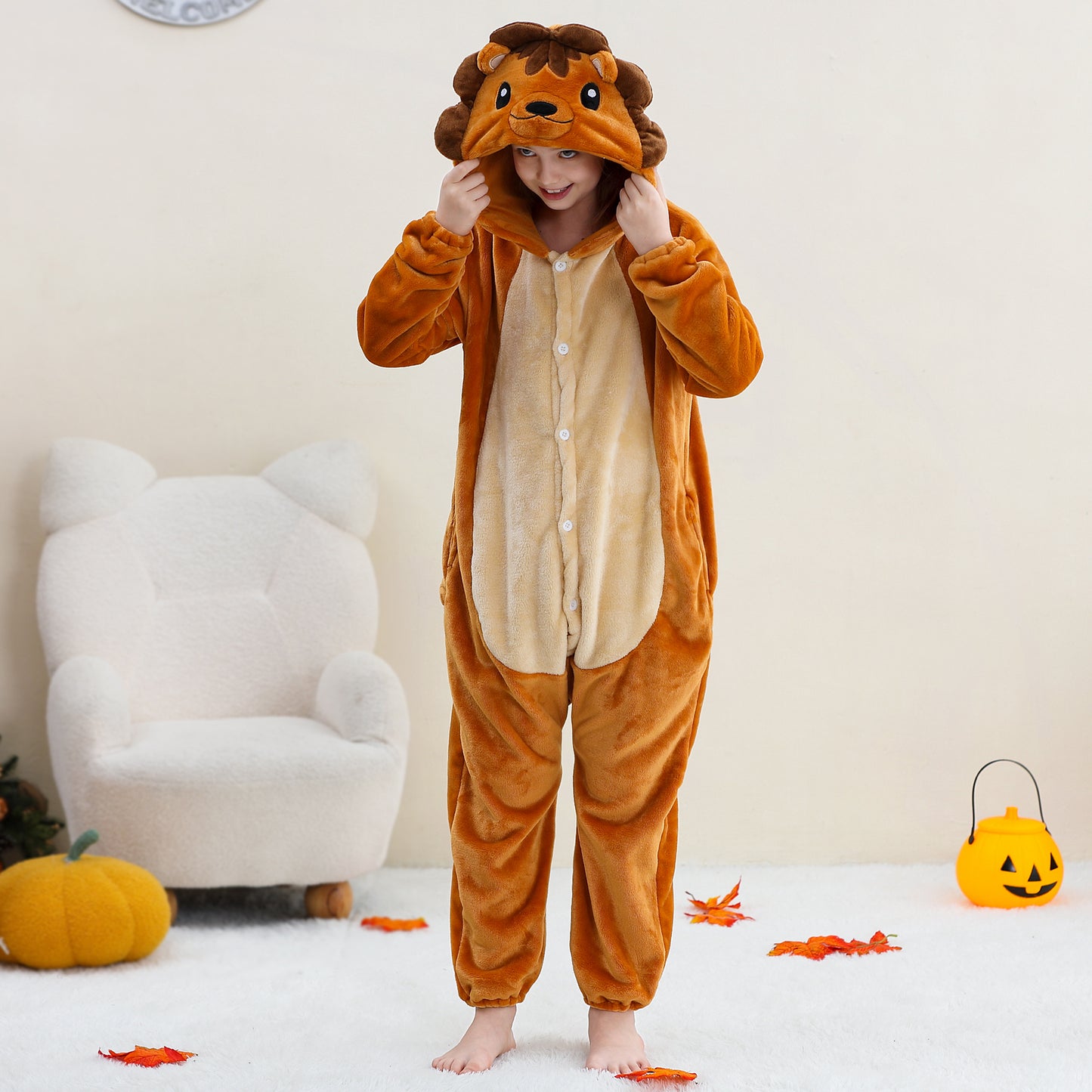 MICHLEY Kids Lion Hooded Romper Flannel Halloween Cosplay Pajamas Costume