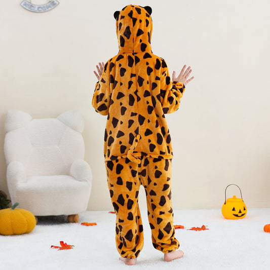 MICHLEY Kids Leopard Hooded Romper Flannel Halloween Cosplay Pajamas Costume