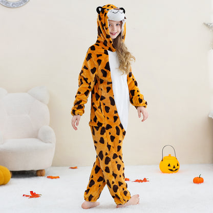 MICHLEY Kids Leopard Hooded Romper Flannel Halloween Cosplay Pajamas Costume