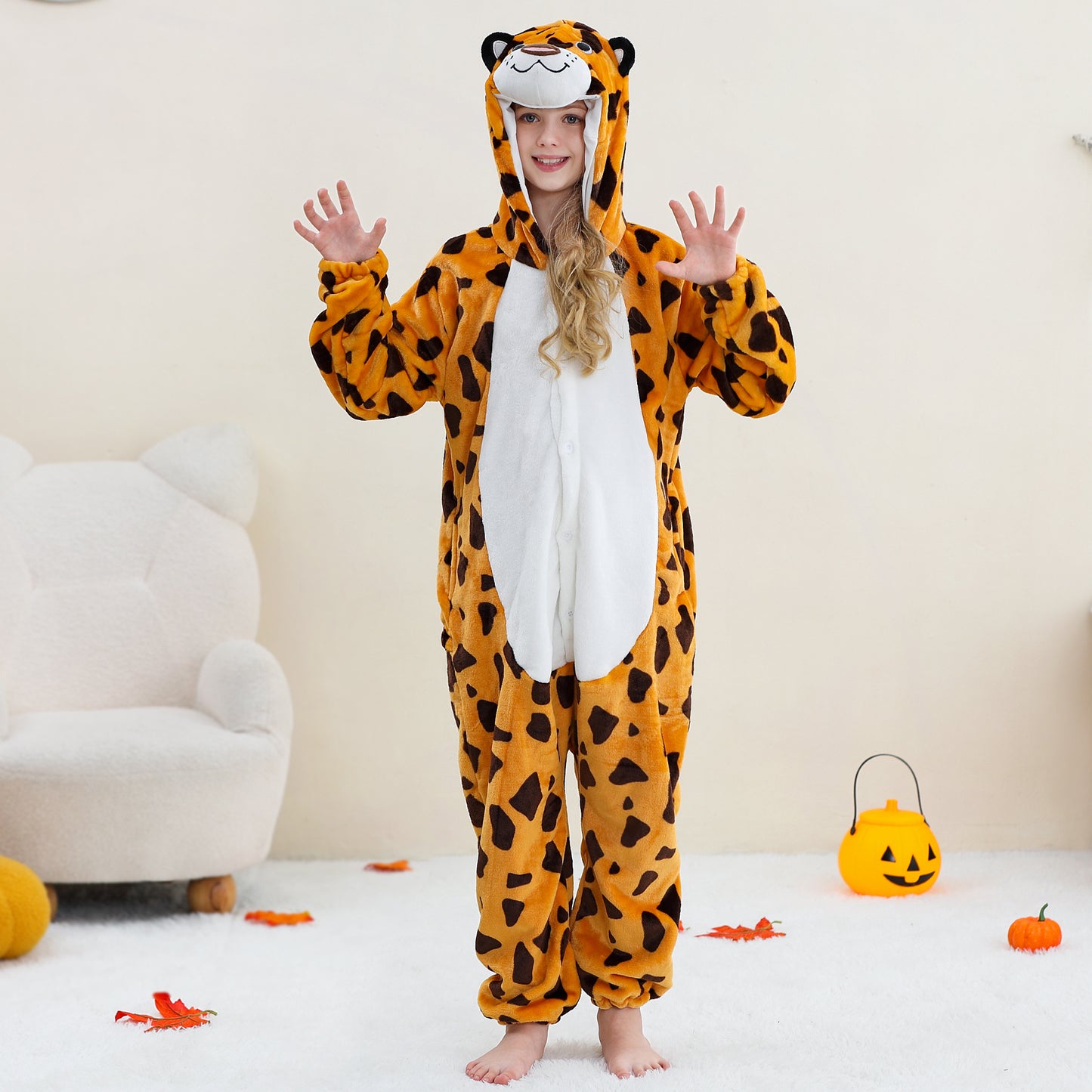 MICHLEY Kids Leopard Hooded Romper Flannel Halloween Cosplay Pajamas Costume