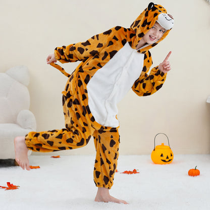 MICHLEY Kids Leopard Hooded Romper Flannel Halloween Cosplay Pajamas Costume