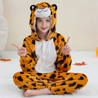 MICHLEY Kids Leopard Hooded Romper Flannel Halloween Cosplay Pajamas Costume