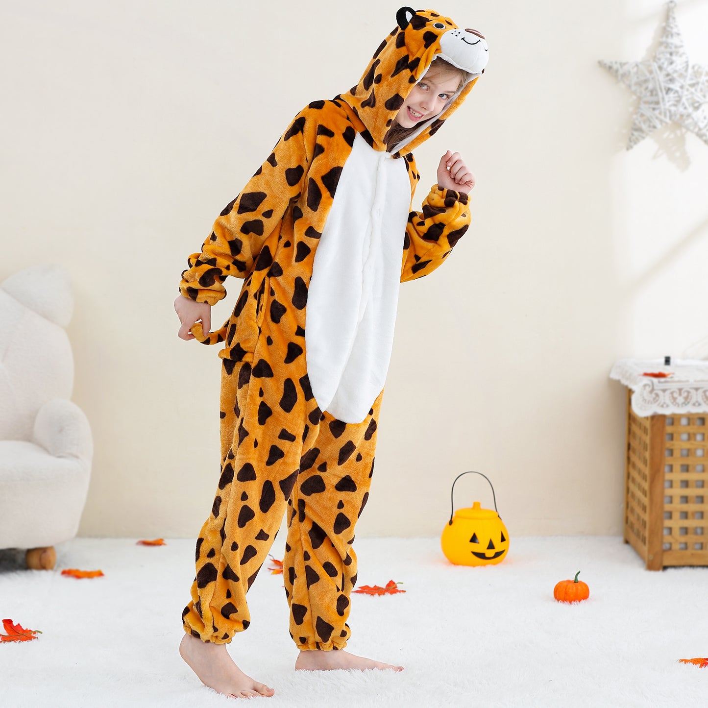 MICHLEY Kids Leopard Hooded Romper Flannel Halloween Cosplay Pajamas Costume