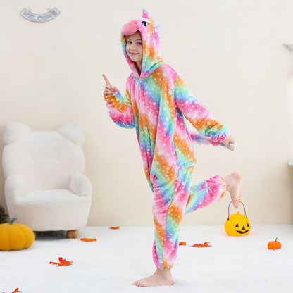 MICHLEY Kids Rainbow Unicorn Star Print Flannel Halloween Cosplay Pajamas