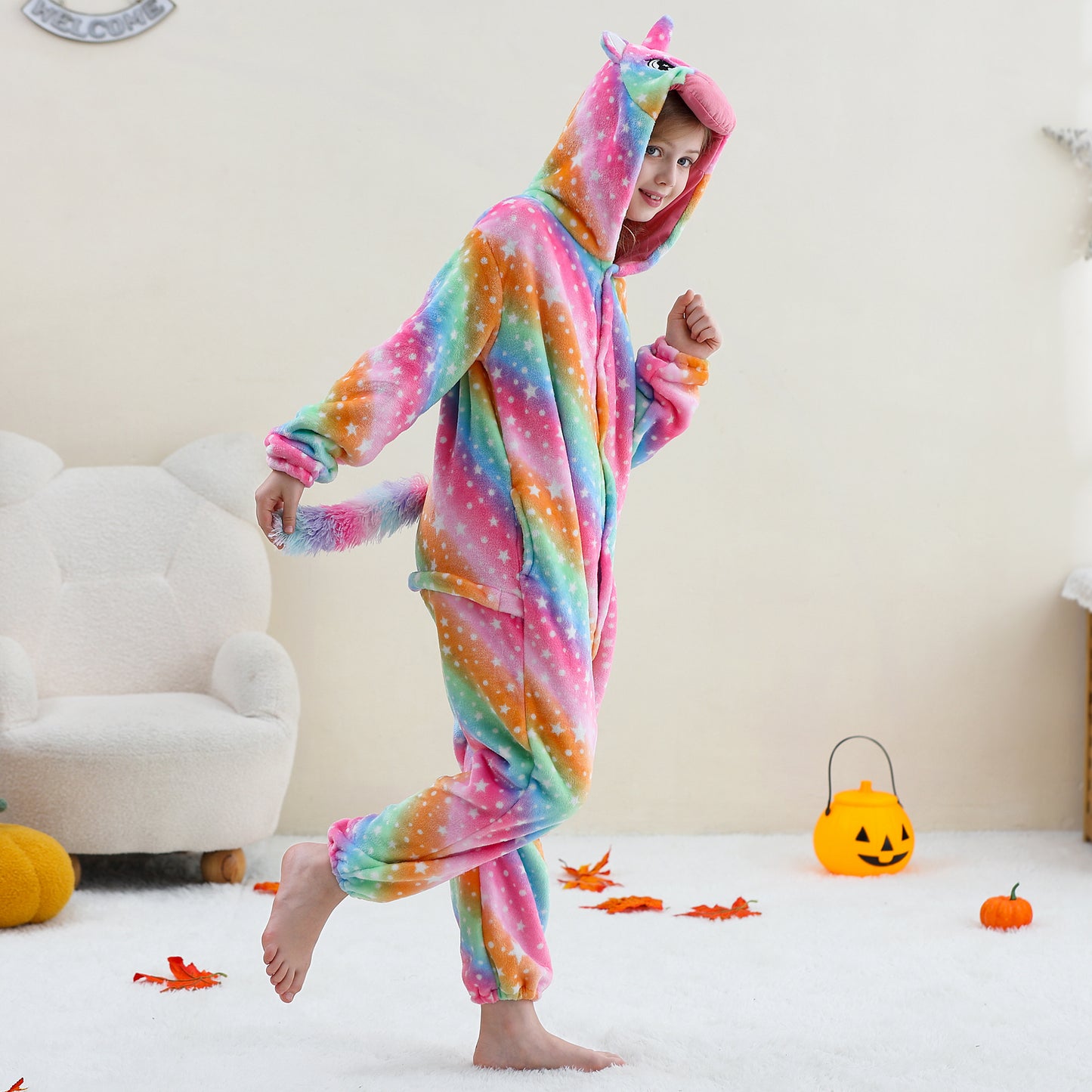 MICHLEY Kids Rainbow Unicorn Star Print Flannel Halloween Cosplay Pajamas