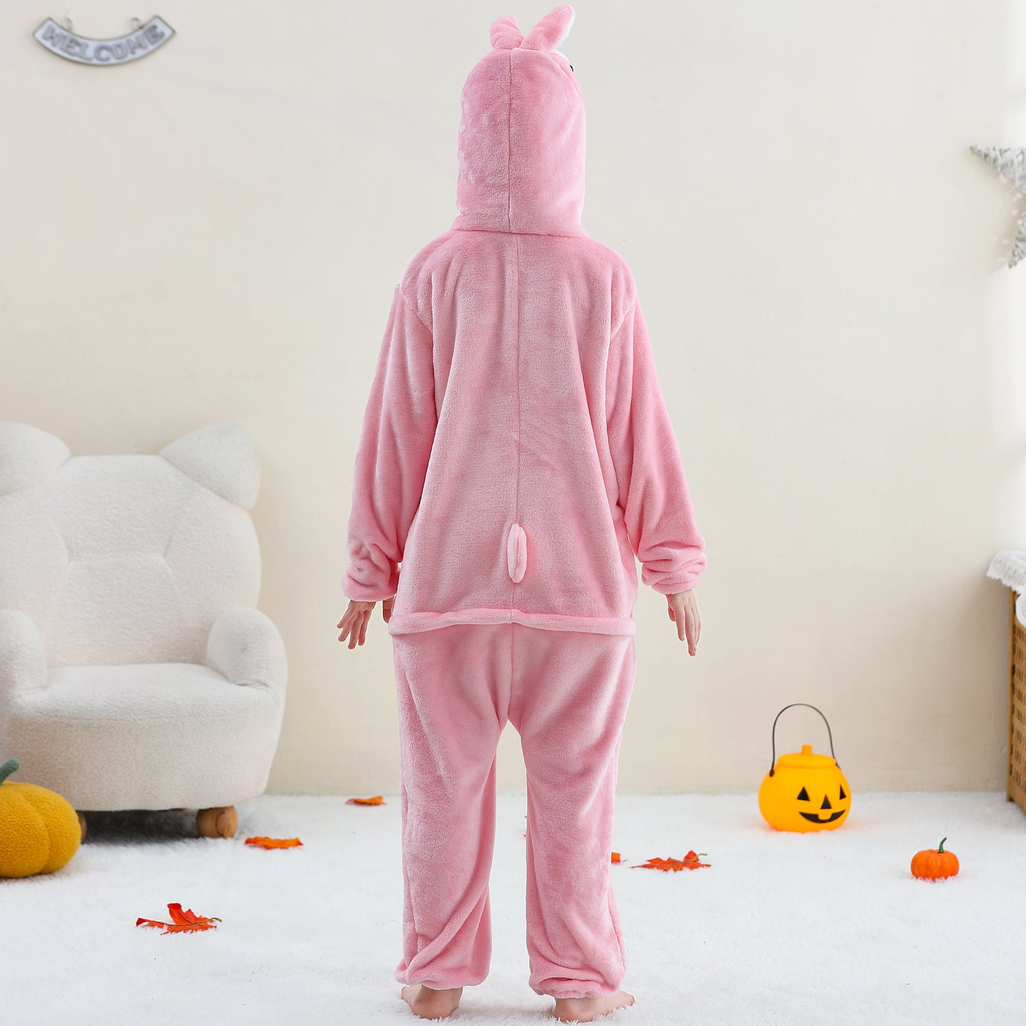 MICHLEY Kids Pink Bunny Hooded Romper Flannel Halloween Cosplay Pajamas Costume
